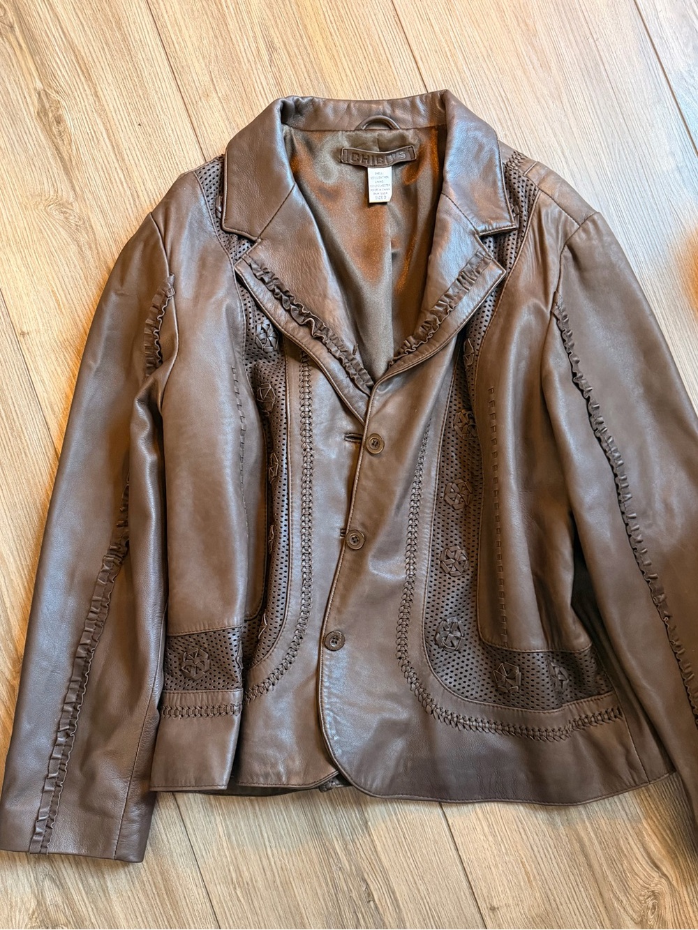 Chico's Brown Leather Button-Front Blazer size 3